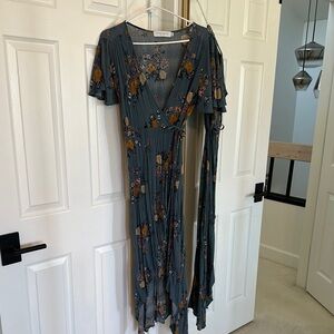 Blue Maxi Wrap Dress with Flutter Sleeves for Wedding Guest